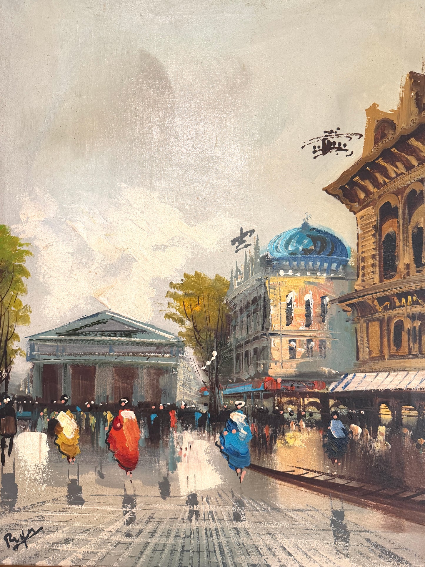 Street of Paris Impressionist Painting Signed Oil On Canvas Original Frame