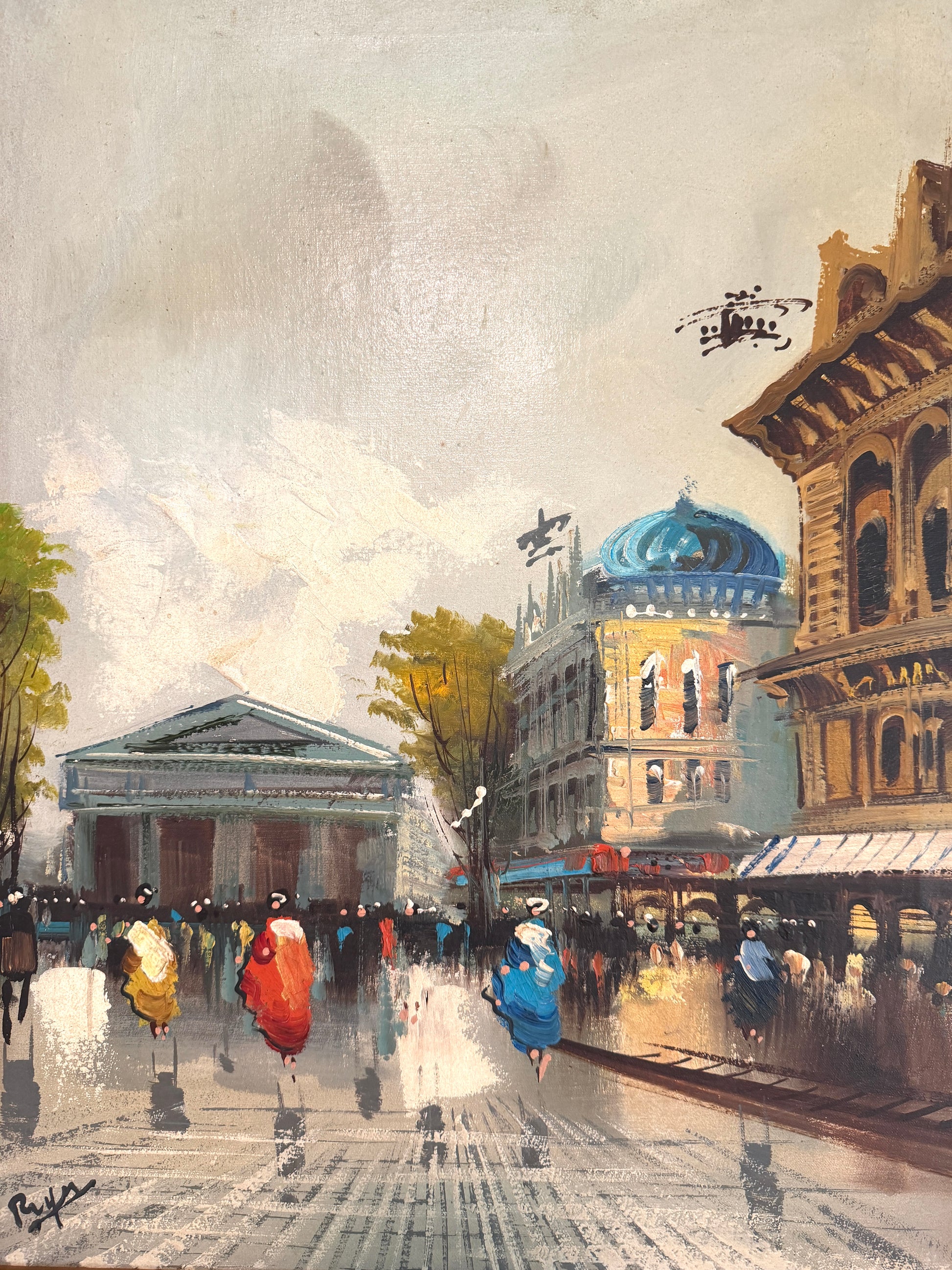 Street of Paris Impressionist Painting Signed Oil On Canvas Original Frame