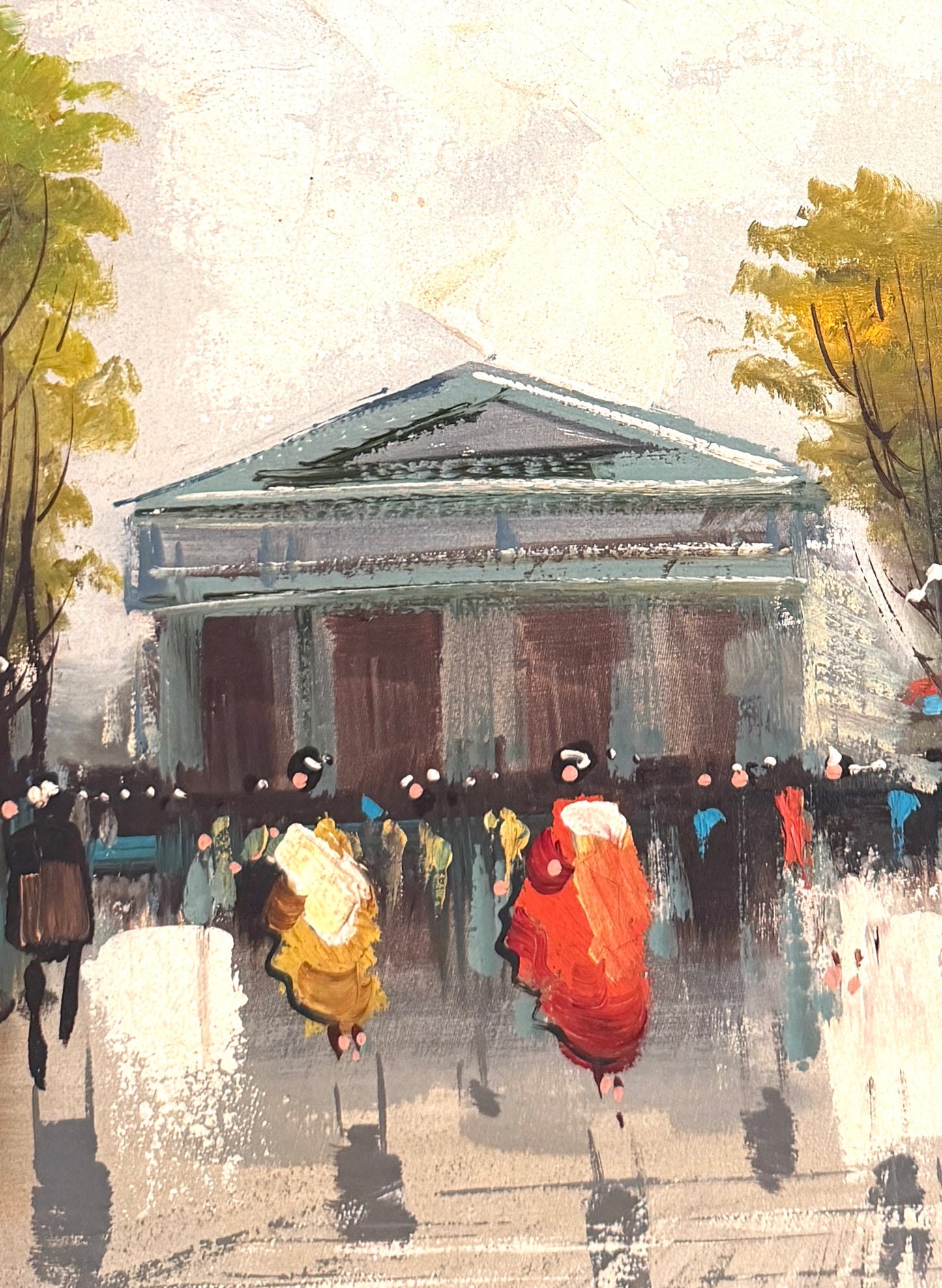 Artistic depiction of people with colorful umbrellas in front of a classical building.