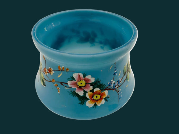 Bristol Style Blue Glass Jar Hand Painted Decorated Floral Enameling