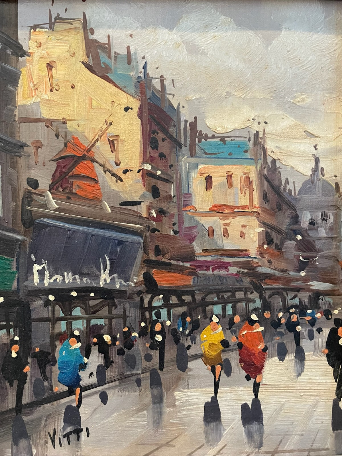 Painting of a city street with people walking, featuring a mix of warm and cool colors.