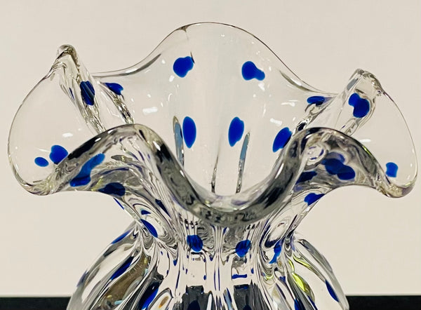 A Blue Polka Dots Hand Made Ribbed Glass Flower Vase