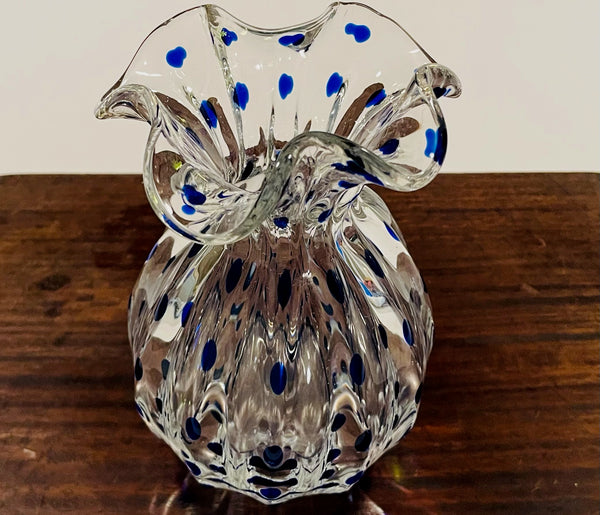 A Blue Polka Dots Hand Made Glass Flower Vase