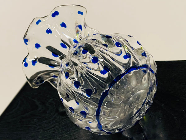 A Blue Polka Dots Hand Made Ribbed Glass Flower Vase