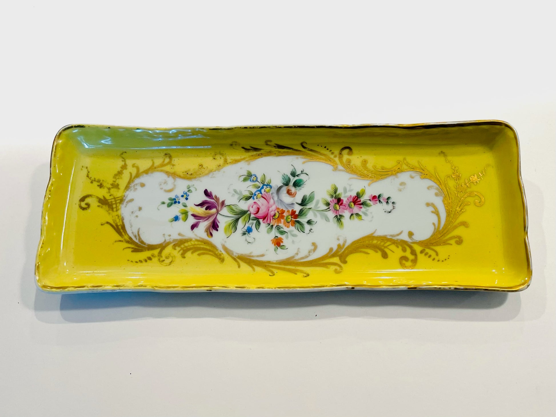 Early 20th Century Yellow Porcelain France Hand Painted Floral Medallions Chest W Tray Set