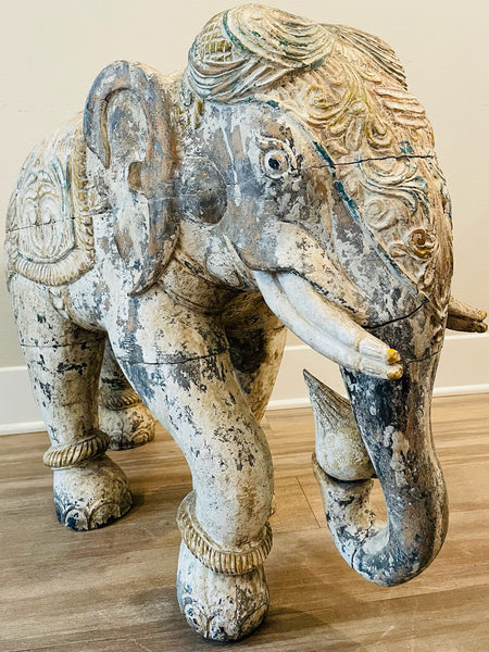 Antique Pair of Hand Decorated Painted Distressed Elephant Sculptures