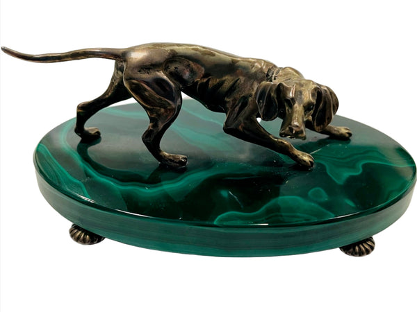 Sterling Hound Dog On Green Oval Malachite Footed Stand