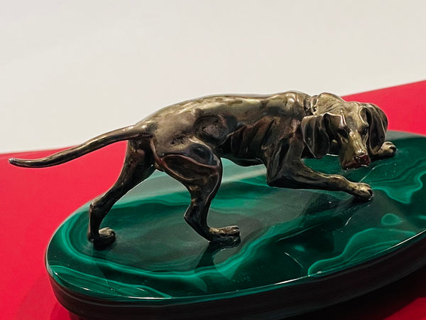 Sterling Hound Dog On Oval Green Malachite Footed Stand