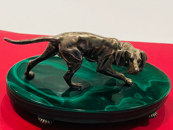 Sterling Hound Dog On Green Oval Malachite Footed Stand