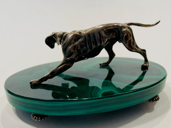 Sterling Hound Dog On Oval Green Malachite Footed Stand