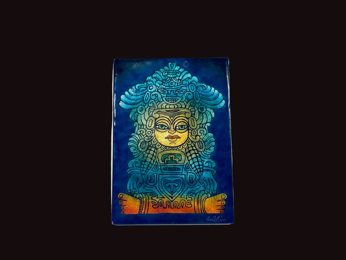 Mayan Style Enamel On Copper Art Signed by Arist Dublin