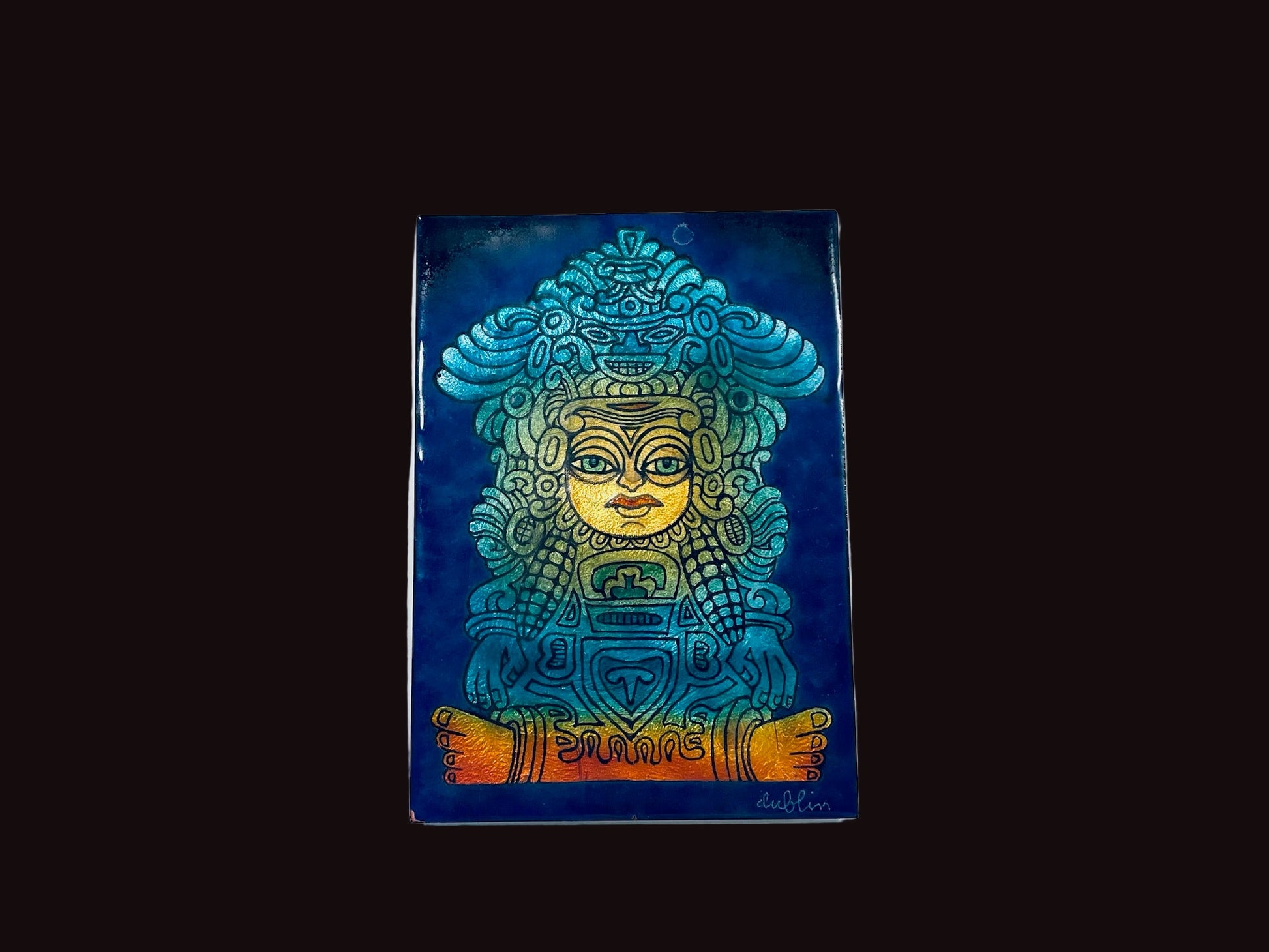 Mayan Style Enamel On Copper Art Signed by Arist Dublin