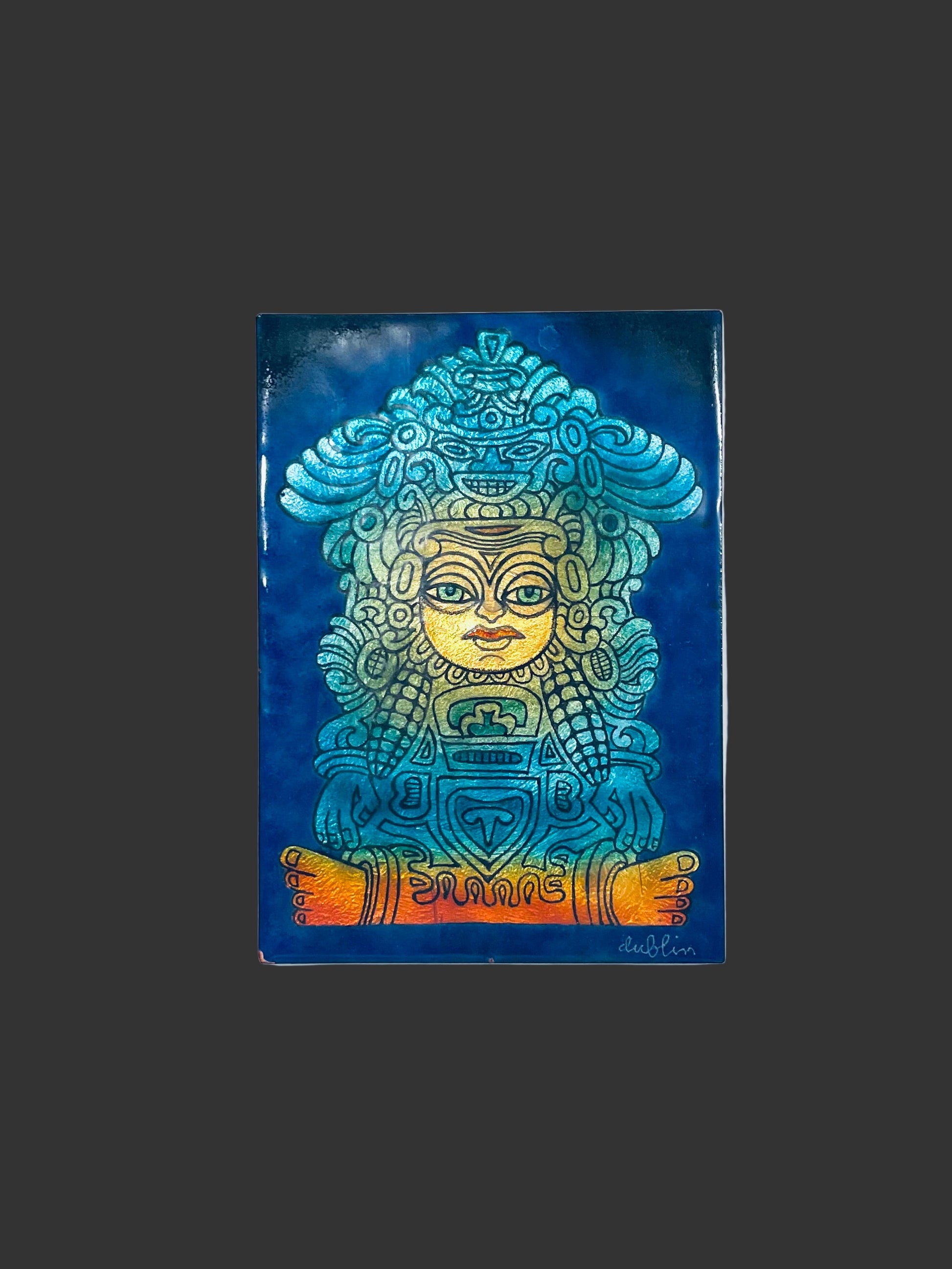 Mayan Style Enamel On Copper Art Signed by Arist Dublin