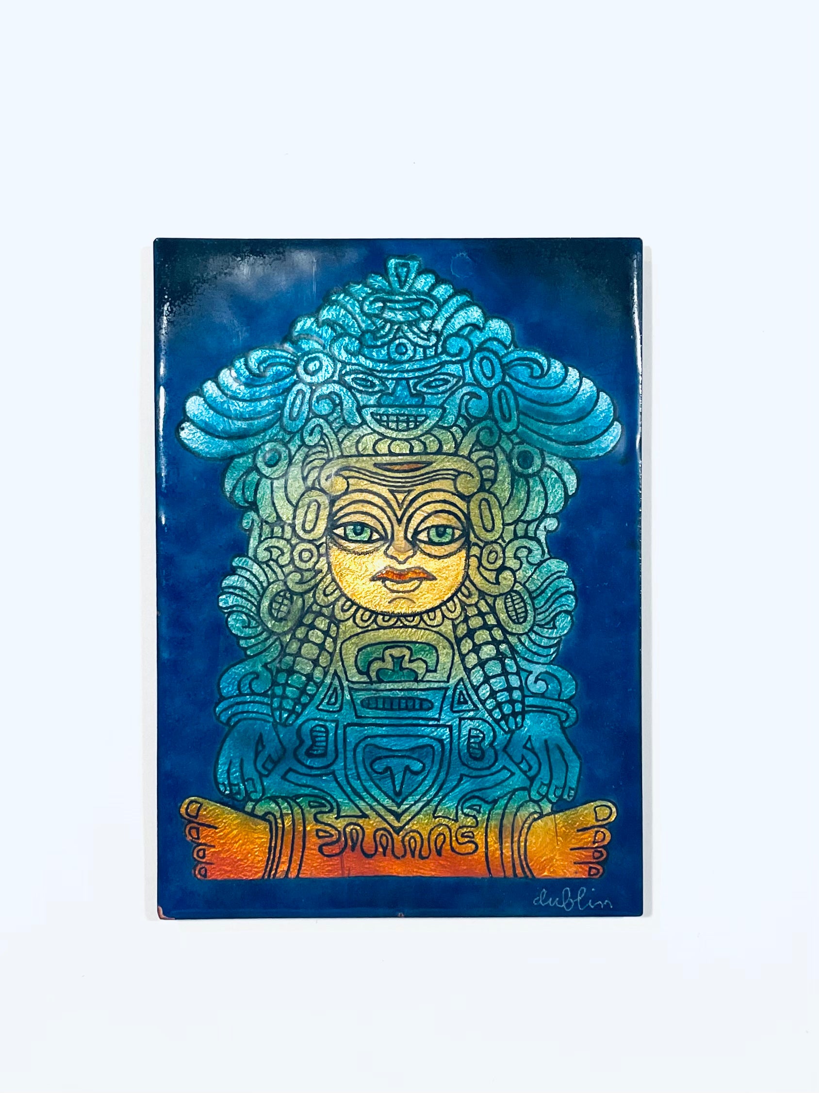 Mayan Style Enamel On Copper Art Signed by Arist Dublin