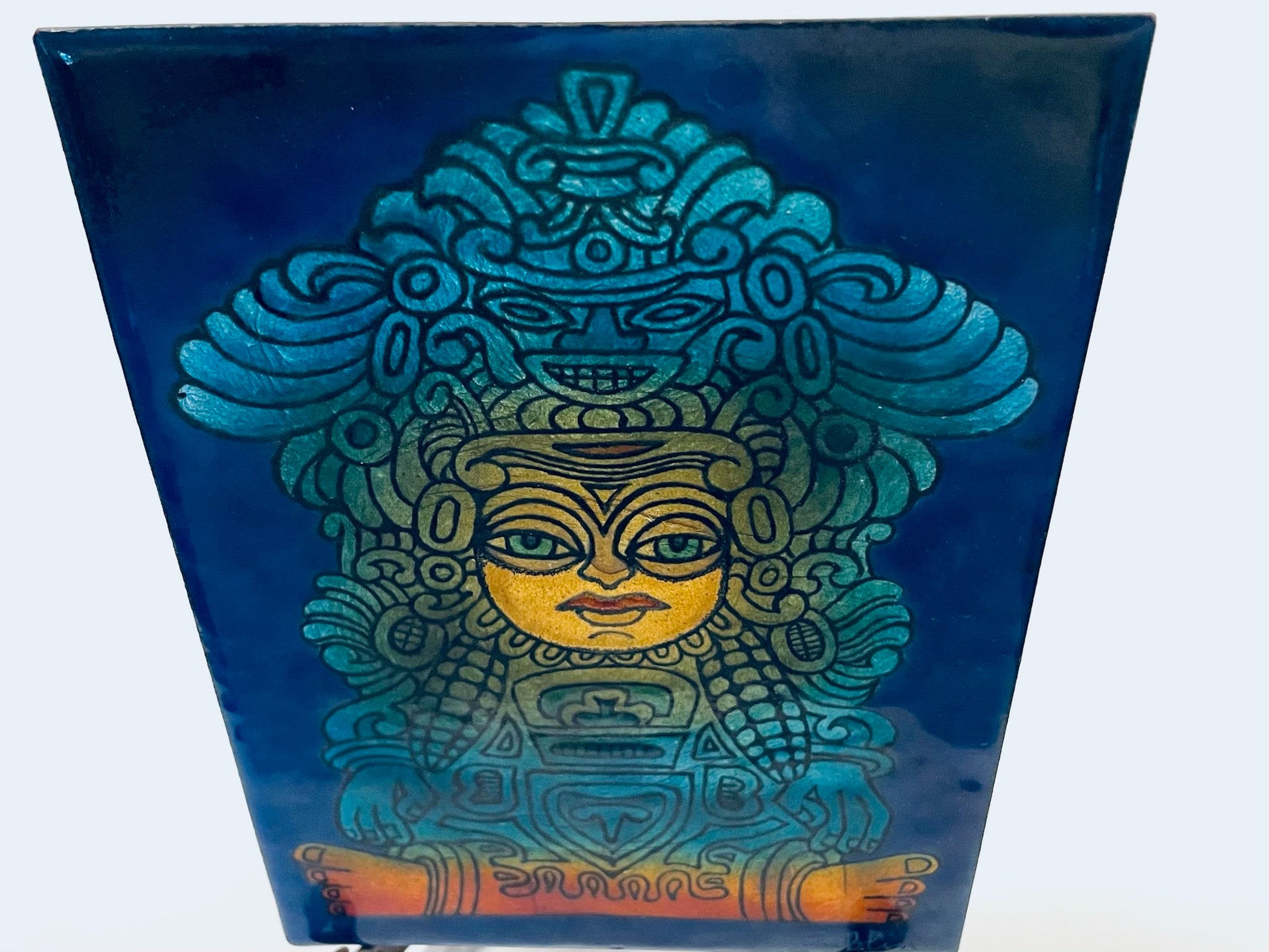 Mayan Style Enamel On Copper Art Signed by Arist Dublin