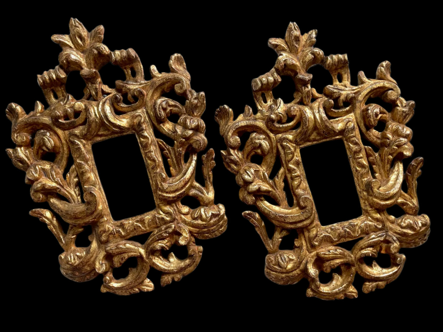 A Pair of AntiqueGold Rococo Style Crested Carved Italian Gilt Frames