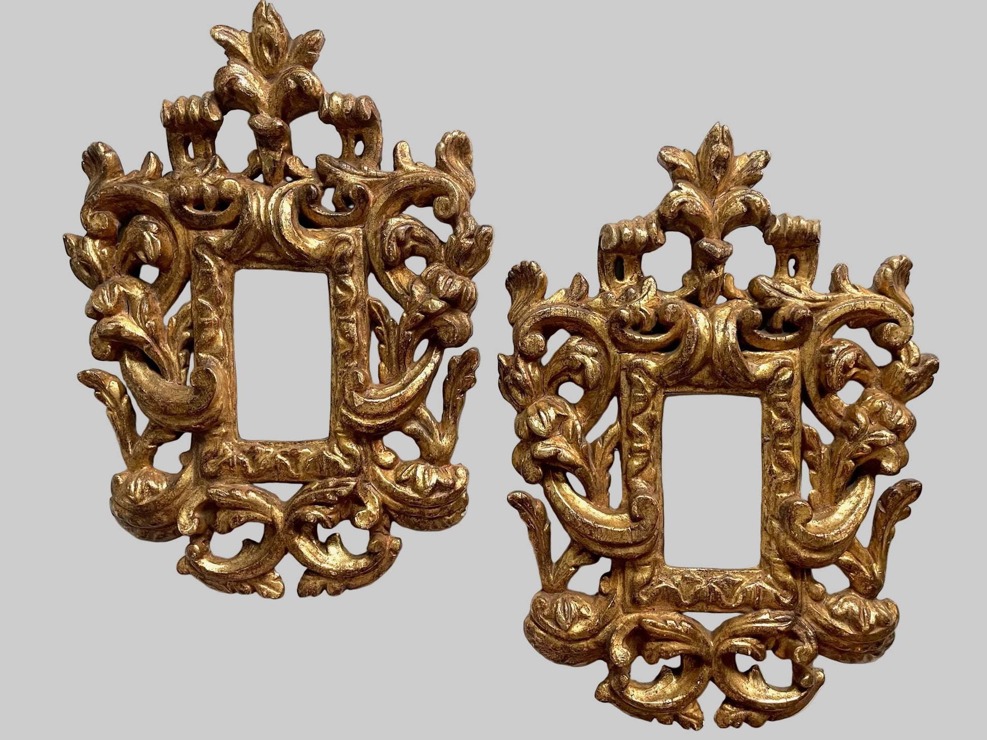 Pair of Antique Gold Rococo Style Crested Carved Italian Frames