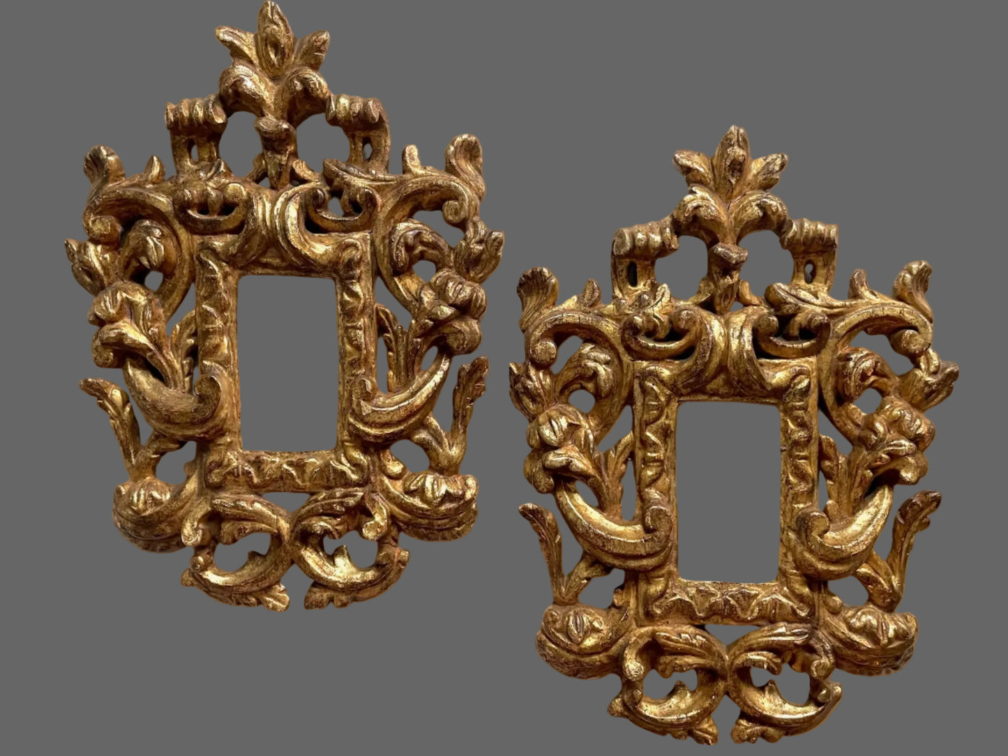 A Pair of AntiqueGold Rococo Style Crested Carved Italian Gilt Frames