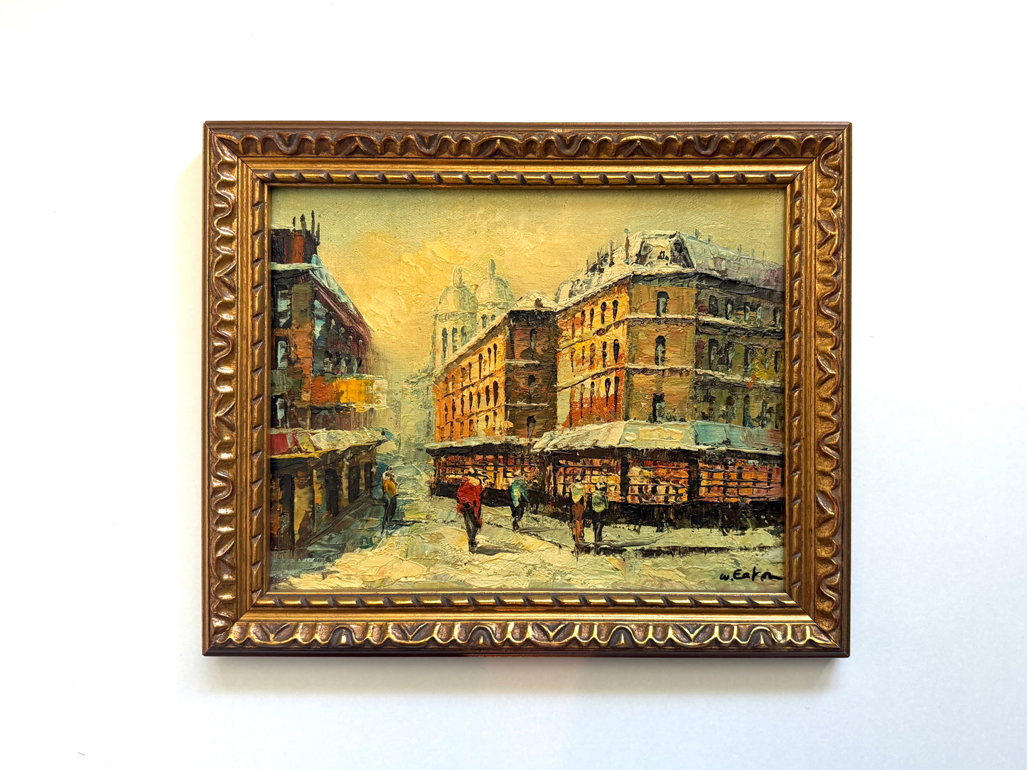 W Eaton Parisian Snow Covered Street Scene Framed Oil on Panel