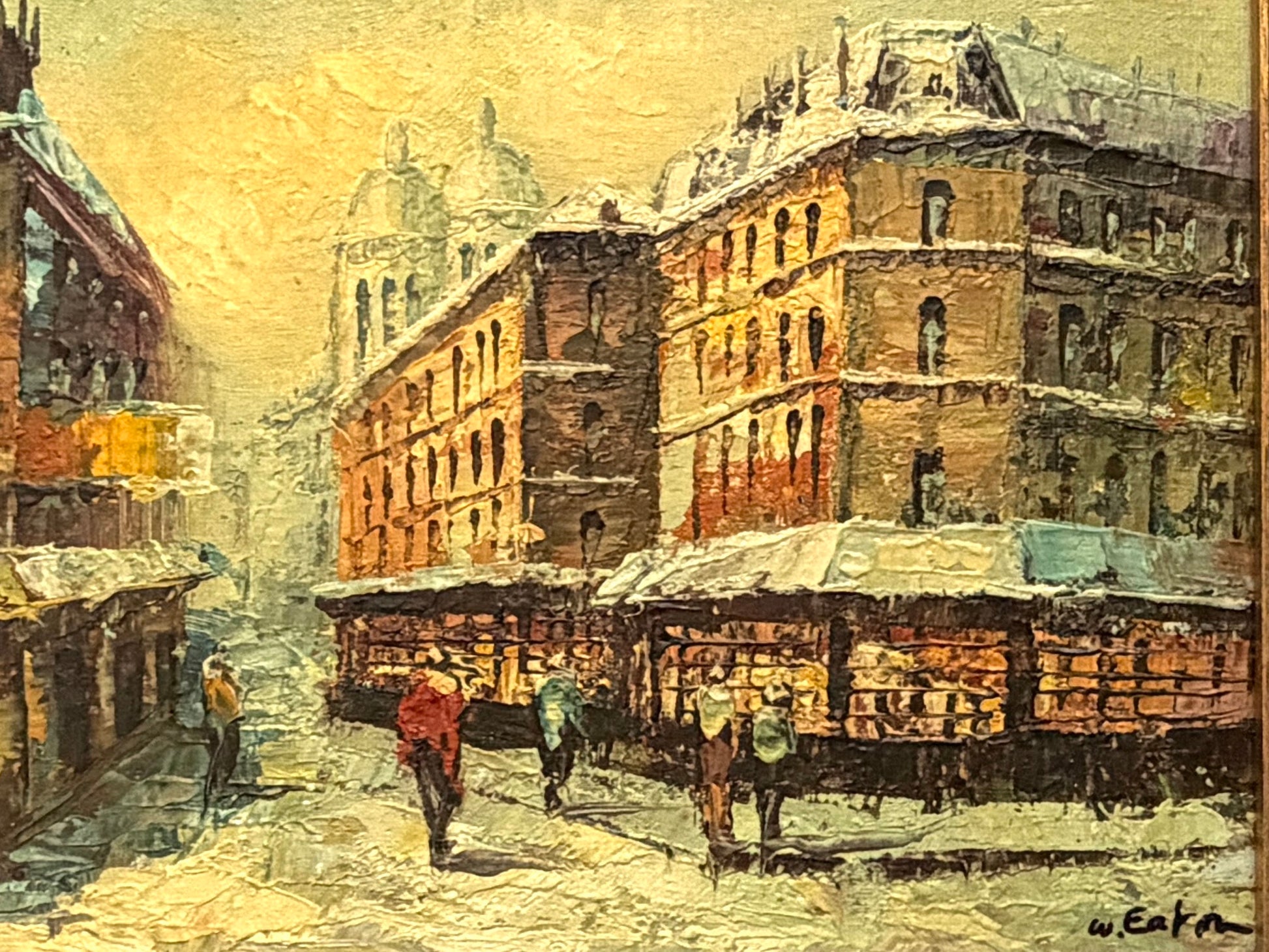 W Eaton Parisian Snow Covered Street Scene Framed Oil on Panel