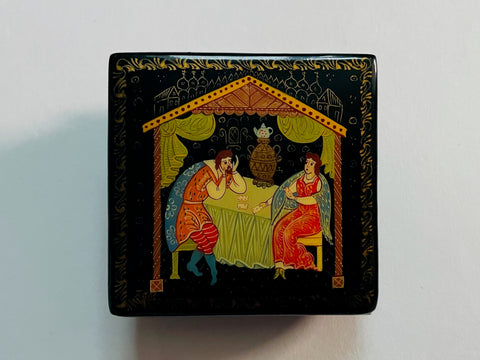 Signature Miniature Glazed Lacquer Russian Hinged Painted Trinket Box