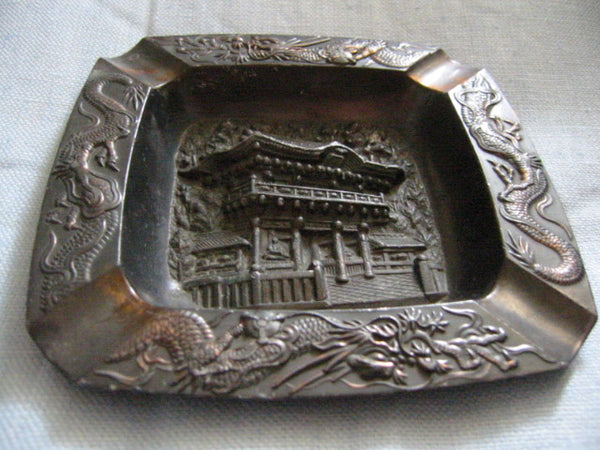 Occupied Japan Metal Ashtray Dragon Decoration Asian Monument