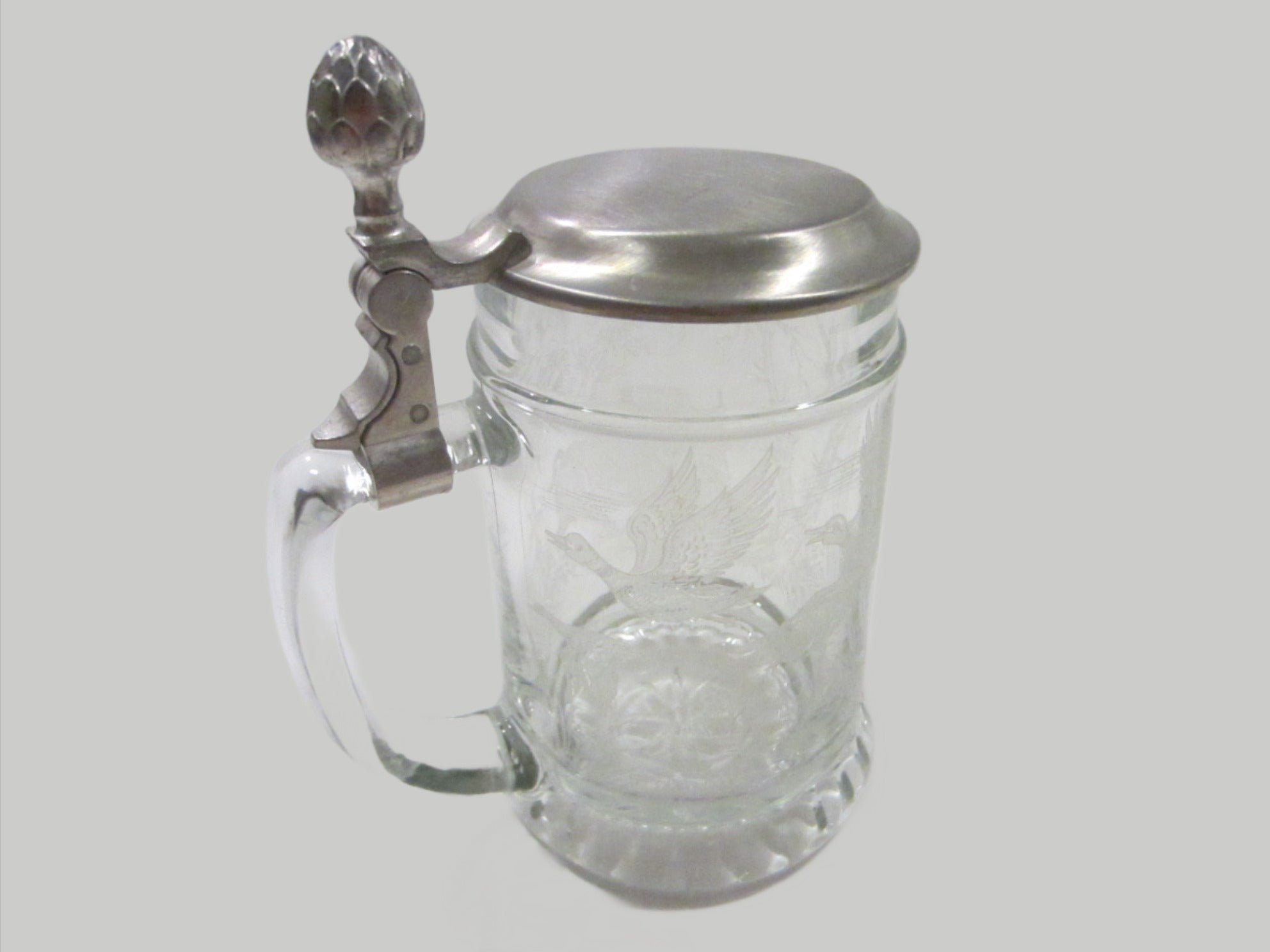 【ドイツアンティーク名門BMF製】ピューター タンブラー 錫95% 刻印あり West Germany Contemporary Glass Tankard BMF Zinn Hinged Cover