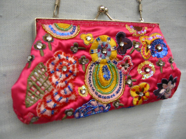 Sequined Pink Silk Clutch Designer Purse Hand Made Jeweled Tone