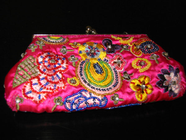 Sequined Pink Silk Clutch Designer Purse Hand Made Jeweled Tone