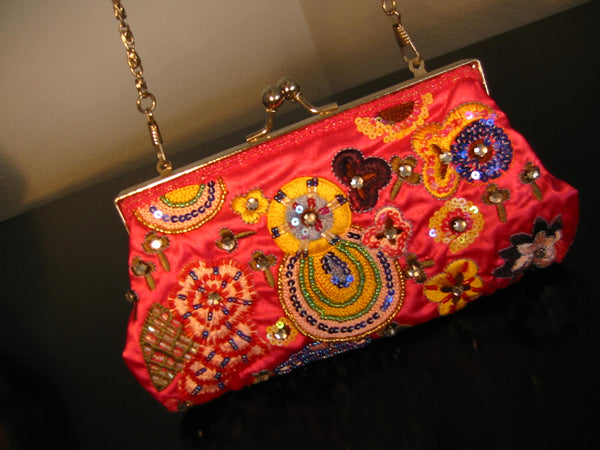 Sequined Pink Silk Clutch Designer Purse Hand Made Jeweled Tone
