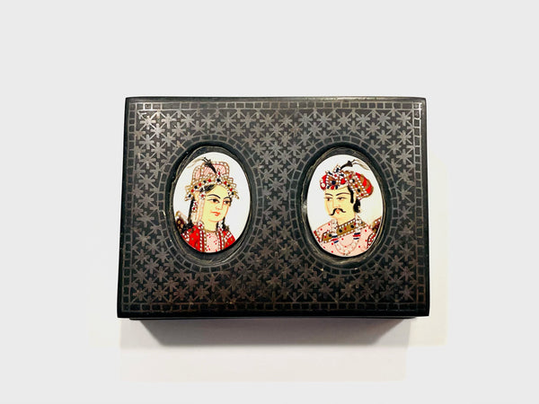 Mughal Hand Painted Portraits Box Ashtray Set Niello Style