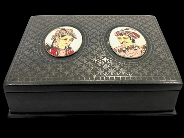 Mughal Hand Painted Portraits Box Ashtray Set Niello Style