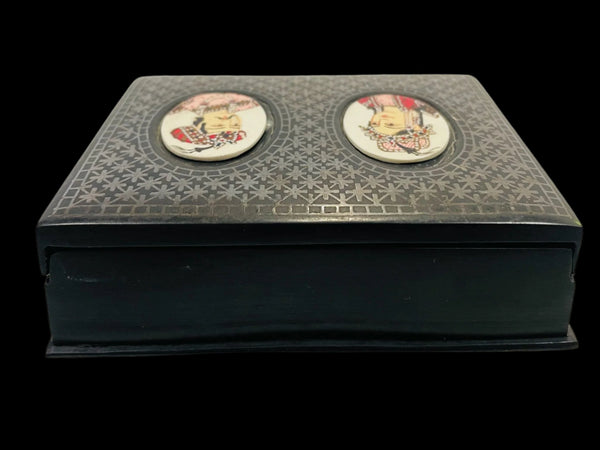 Mughal Hand Painted Portraits Box Ashtray Set Niello Style