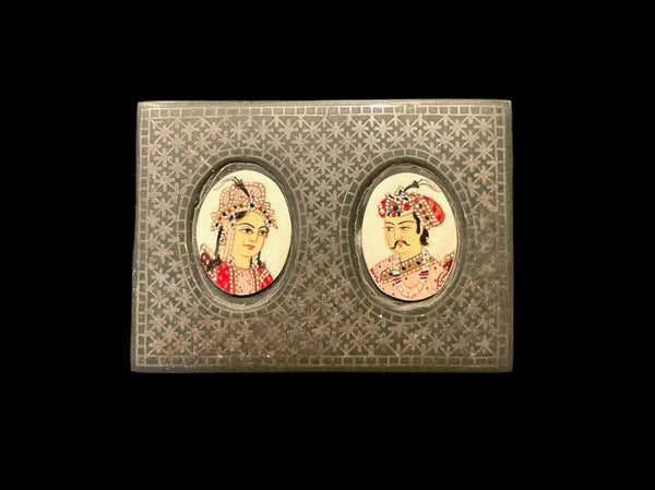 Mughal Hand Painted Portraits Box Ashtray Set Niello Style
