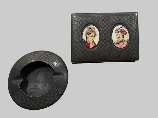 Mughal Hand Painted Portrait Box Ashtray Set Niello Style 