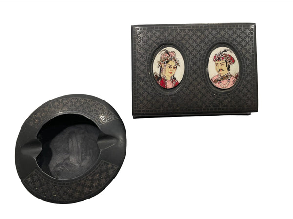 Mughal Hand Painted Portraits Box Ashtray Set Niello Style