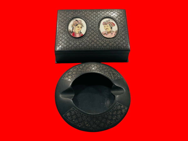 Mughal Hand Painted Portraits Box Ashtray Set Niello Style