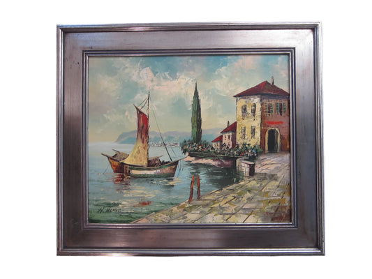 Seascape Italian Villa Sailboat Signed H Hugo Oil On Canvas