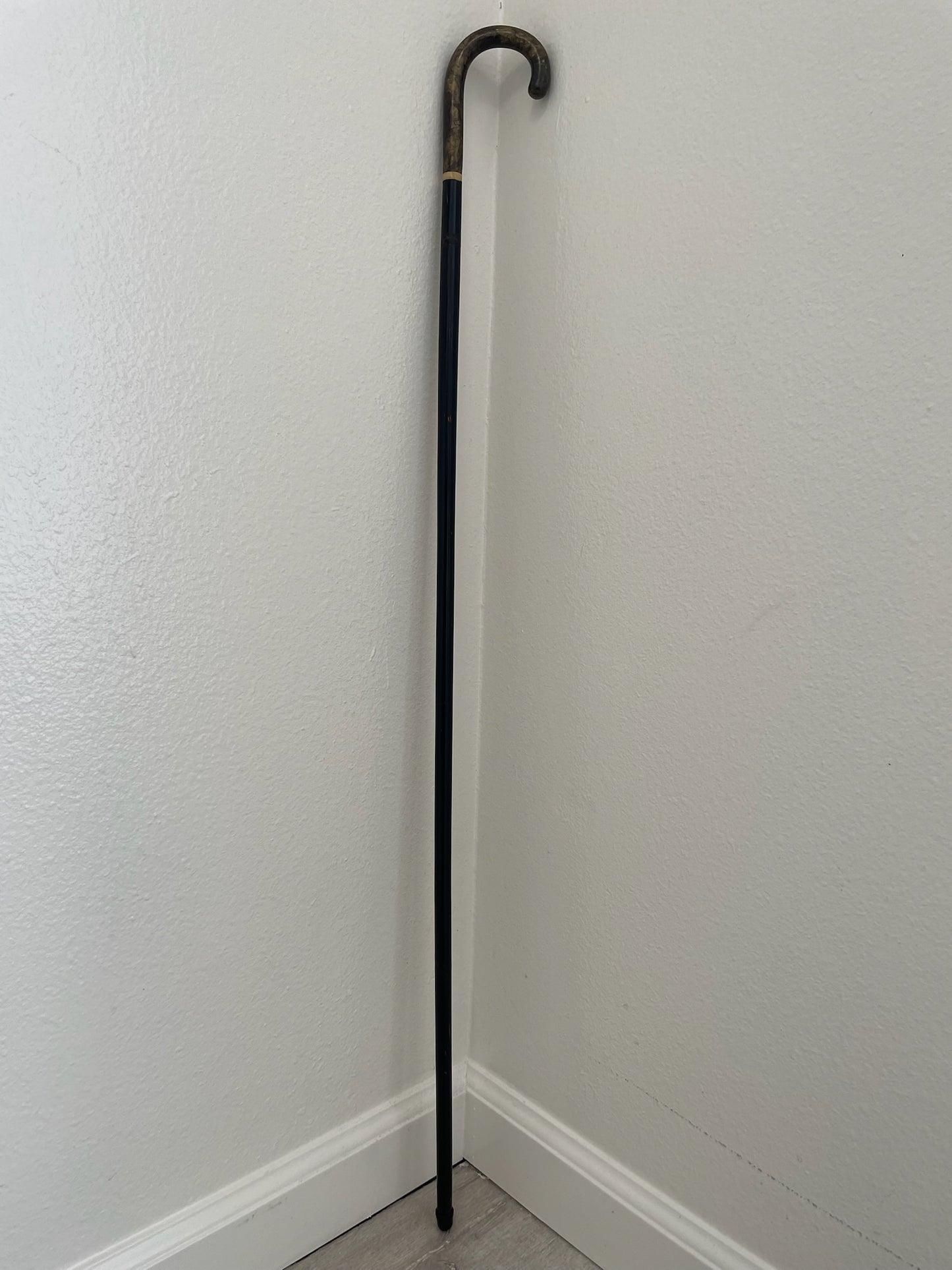 Black cane leaning against a white wall