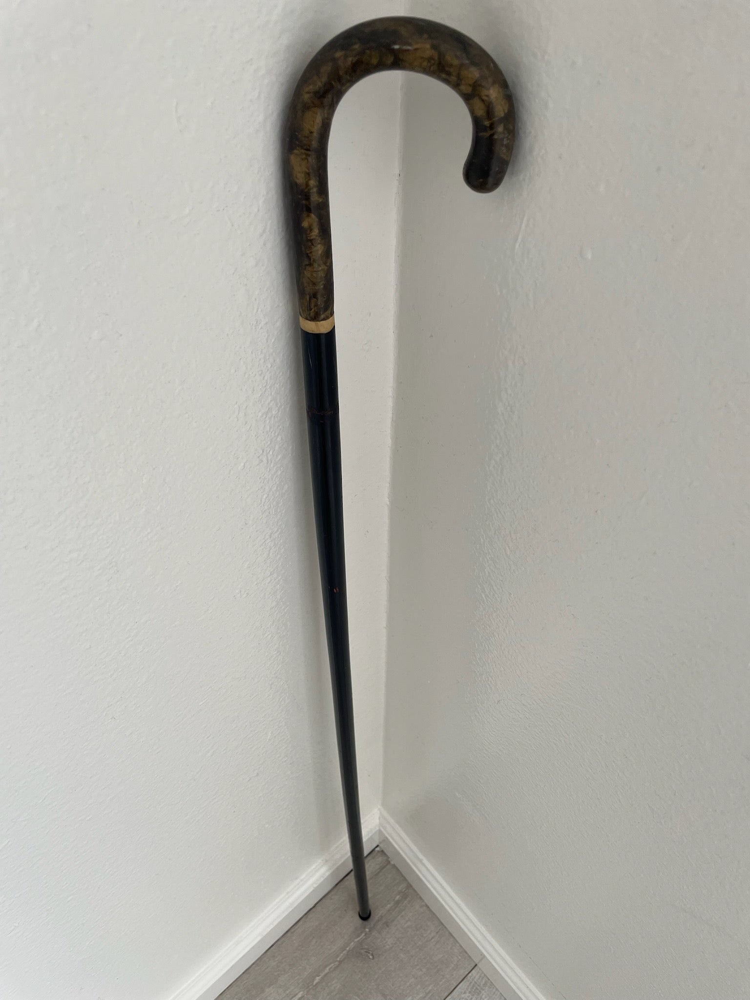 Traditional walking cane against a plain wall