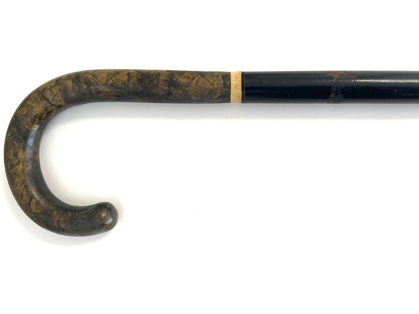 Antique Walking Stick Metal Ring Shepherd Crook Curved Tortoise Handle