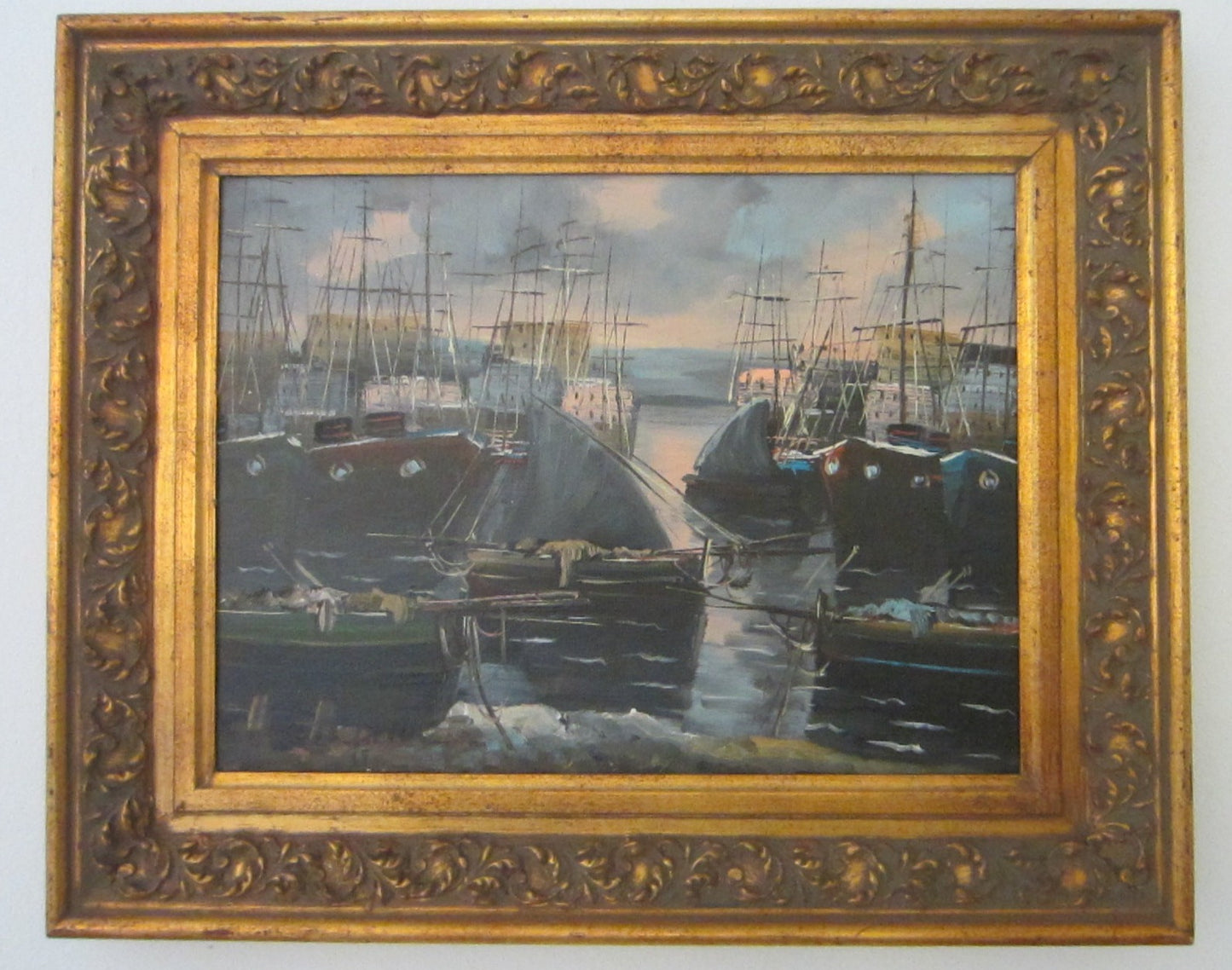 Impressionist Sail Boats Harbor Bay Nautical Signed Oil On Canvas