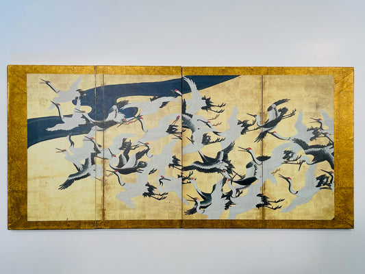 Traditional Japanese folding screen with crane designs on a gold background Yamamoto Sodo Inspired 
