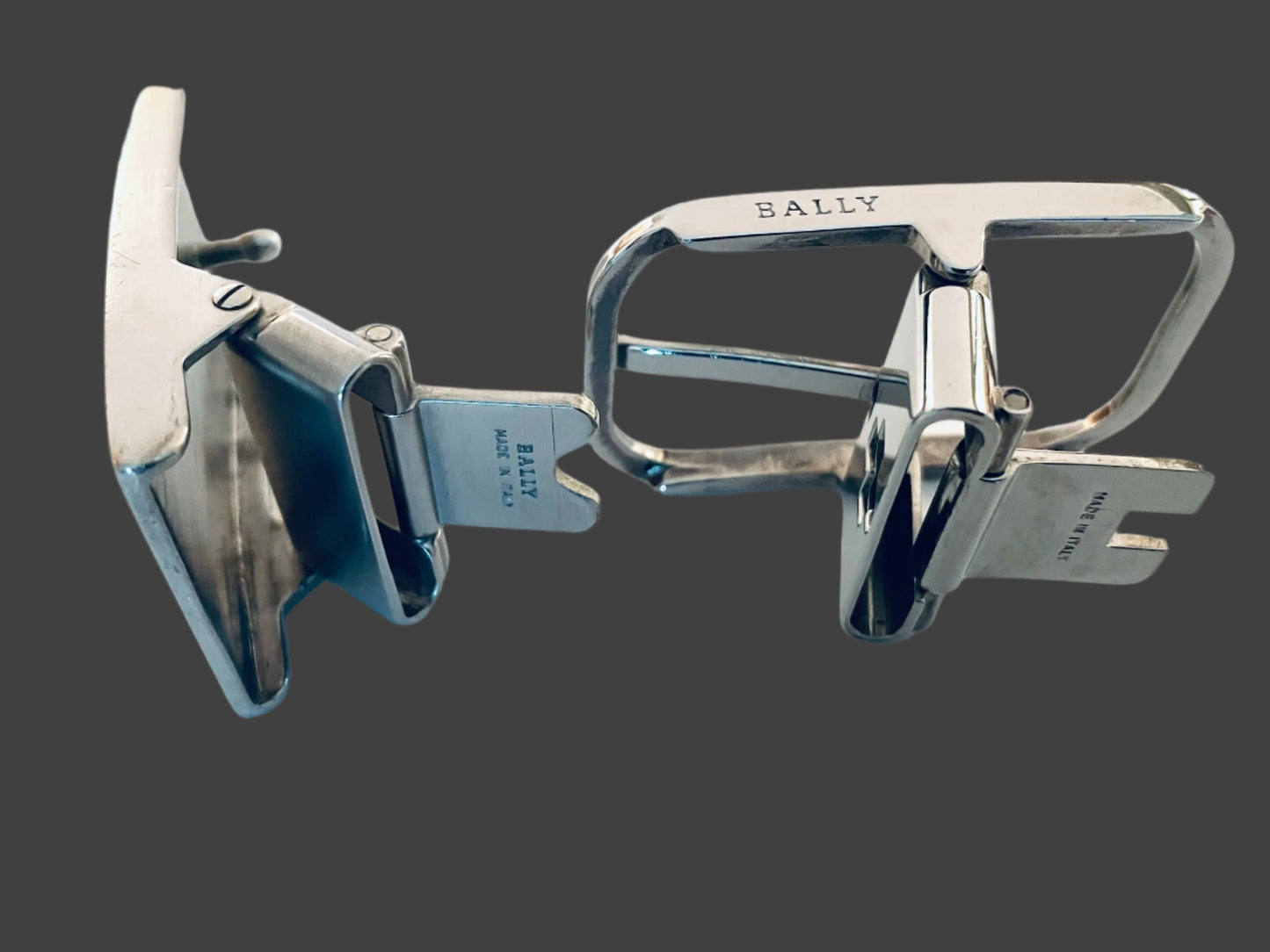 Two Silver Metal Belt Buckles By Bally Made In Italy 