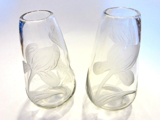 Etched Tulips Cameo Glass Vases Signed Legras France