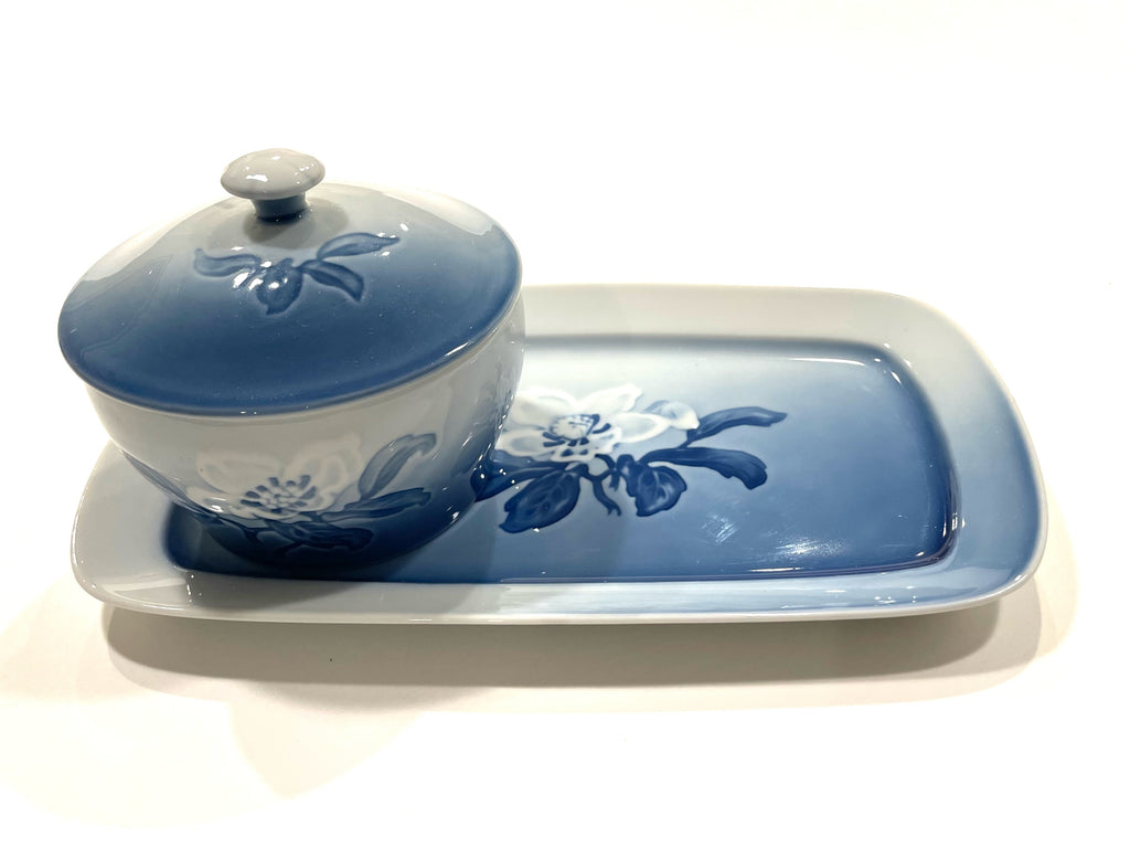 Bing Grondahl Blue Porcelain Tray Covered Bowl Set Floral Center Medallion