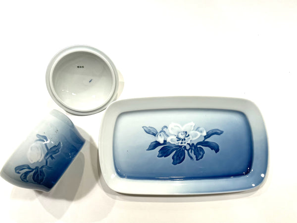 Bing Grondahl Blue Porcelain Tray Covered Bowl Set Floral Center Medallion