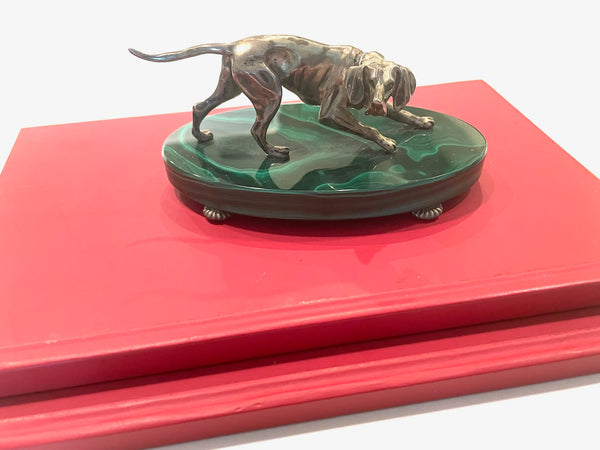Sterling Hound Dog On Oval Green Malachite Footed Stand 
