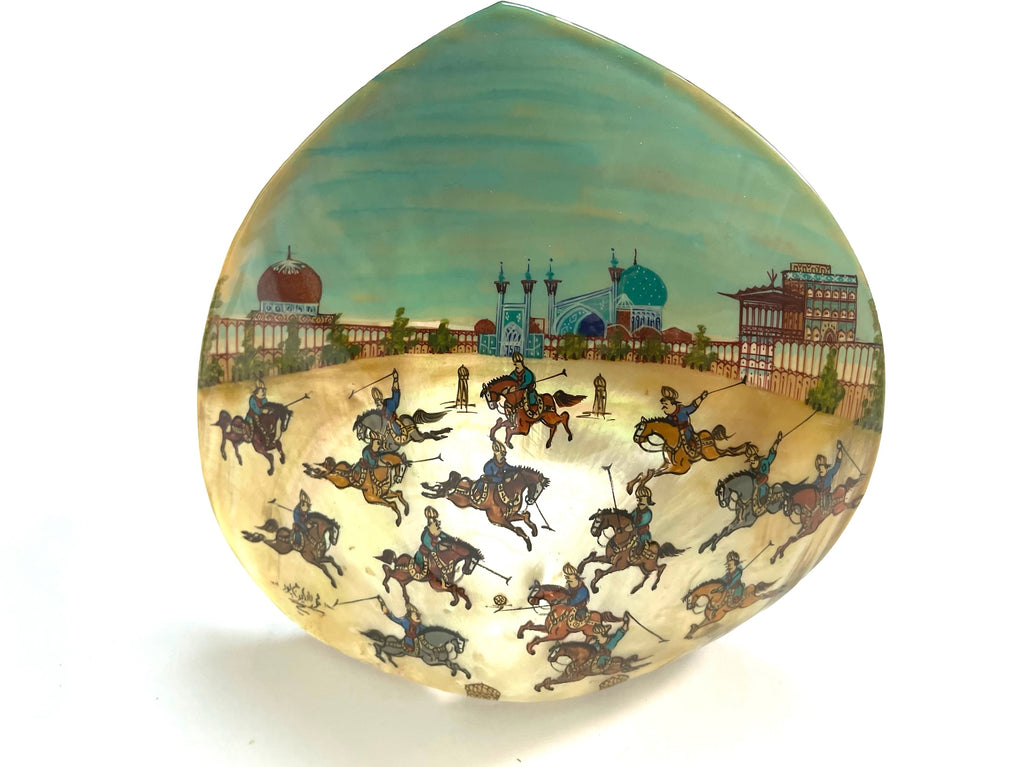 Persian Miniature Painted Monuments Equestrian Abalone Shell Signed Mehrdad Irajpoor