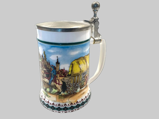 French Pictorial Pewter Lid Tankard Monument Scene Stein Marked France